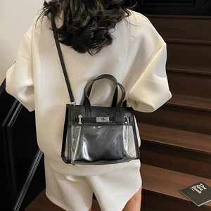 Borsa a tracolla in PVC trasparente con finiture in pelle nera e custodia interna