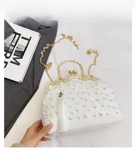 Detail of vintage evening bag with pearl floral embroidery and golden rhinestone clasp