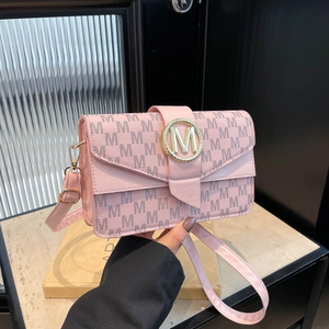 Women Fashion PU Leather Crossbody Bag Letter Print Small Square Shoulder Bag With Metal M Buckle Elegant Daily Purse