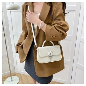 Detail of a chic cream-colored box bag with woven texture and gold metal buckle detail