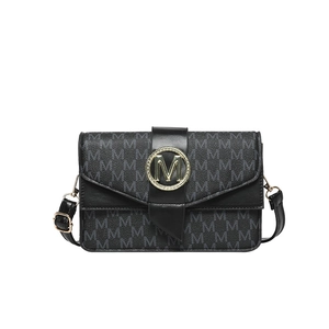 French luxury black baguette bag with grey M monogram print and gold metal buckle