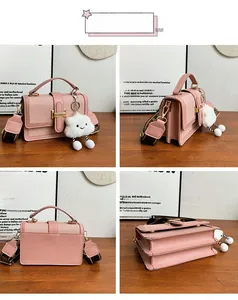 Detailed views of light pink woven crossbody bag with gold buckle and wide strap