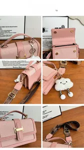 Detail shots of pink woven crossbody bag showing gold lock and geometric strap texture