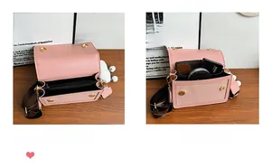 Internal layout of pink crossbody bag showing spacious main compartment and shoulder strap