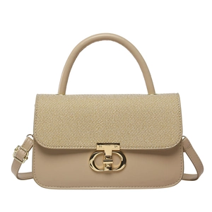 Chic beige crossbody bag featuring textured woven flap and golden rotating metal buckle