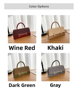 Detailed view of structured box handbags in burgundy, khaki, dark green, and grey colors