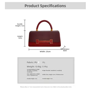 Detailed size specifications for the burgundy box bag with a golden H metal clasp
