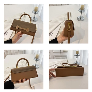 Detailed views of brown leather box bag with woven texture and golden H-shaped clasp