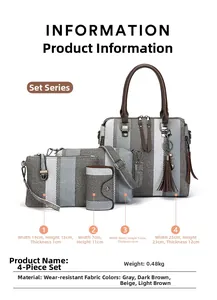 Detailed size specifications for 4-piece handbag set with striped design and brown handles