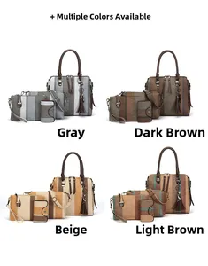 Detailed comparison of four-piece handbag sets in grey, brown, beige, and tan striped fabric