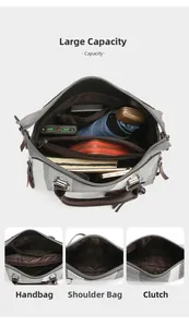 Detail view of large capacity plaid tote bag showing interior storage for daily items
