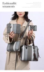 Fashionable four-piece handbag set featuring grey striped woven texture and tassel charm