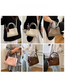 Collage della borsa a secchiello in pelle con stili a tracolla e a mano e dettaglio foulard
