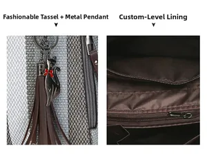 Detail of contrast stitch handbag with tassel, cat charm, and multi-pocket interior