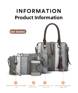 Size specifications for the four-piece striped tote, crossbody, and clutch bag set