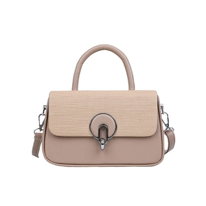 Fashionable beige woven crossbody box bag with metal ring clasp and top handle