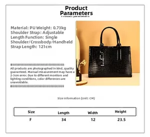 Detailed size chart for black crocodile texture tote bag with specific dimensions