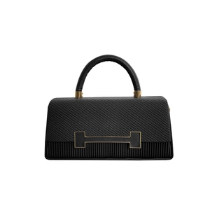 Elegant black box bag with H-buckle and pleated texture shown on white background