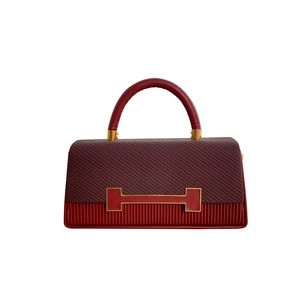 Fashionable two-tone box handbag with purple grain leather and golden H-shaped hardware