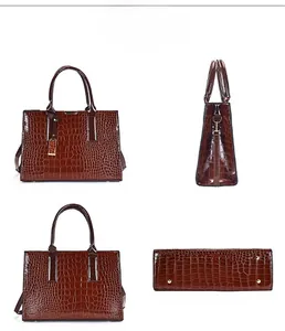 Detailed four-way view of dark brown croc-effect tote bag with glossy patent finish