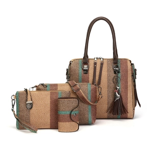 Women Striped PU Leather Tote Crossbody Bag Handbag And Wallet With Tassel Cat Charm Fashionable