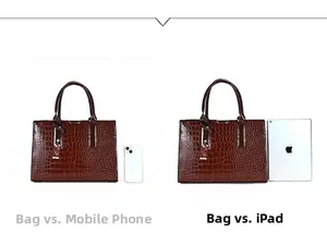 Deep brown crocodile embossed tote bag size comparison with a smartphone and iPad