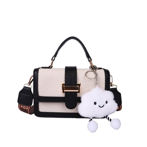Retro contrast small square bag with woven texture, leather trim and plush cloud charm