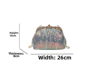 Sparkling shell-shaped evening clutch with floral crystal clasp and size dimensions