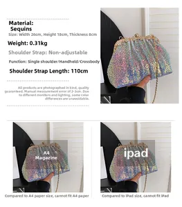 Sequin shell clutch bag size dimensions 26x18x8cm with detailed material specifications