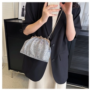 Detailed view of silver sequin bag with pearl embellishments and metal chain strap