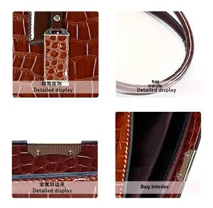 Detail shots of brown crocodile pattern tote bag showing handles, charms, and metal hardware