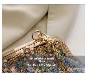 Detail of the detachable gold chain strap and sparkling sequin texture on a shell bag