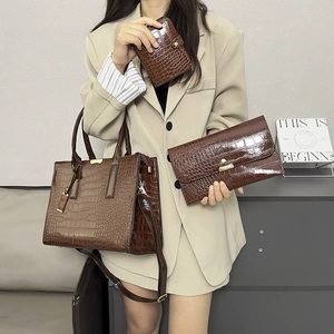 Three-piece dark brown crocodile texture tote bag set with handbag, clutch and wallet