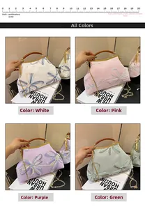 Detail view of four floral embroidered vintage bags in white pink purple and green