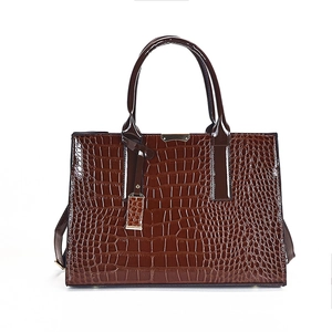 Brown crocodile embossed tote bag with glossy leather finish and gold hardware accents