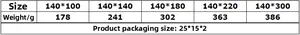 Detailed size guide table for hollow white lace tablecloth showing length and weight