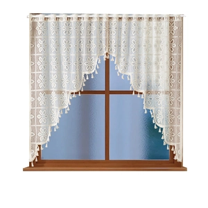 Rideau élégant en dentelle crochetée blanche avec motifs floraux et pompons décoratifs