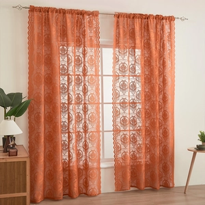Elegant orange lace rod pocket curtain featuring French butterfly hollow patterns