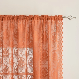 Terracotta floral lace curtain with scalloped edges and rod pocket heading design