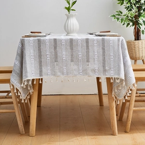 French retro grey striped linen tablecloth with white embroidery and elegant fringe tassels