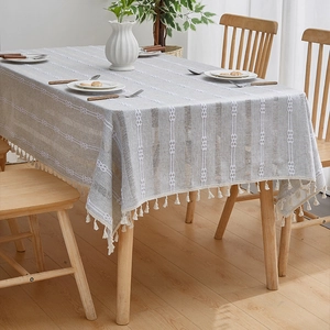 French Vintage Striped Rectangle Tablecloth With Tassels Polyester Dustproof Table Cloth For Kitchen Dining Room Home