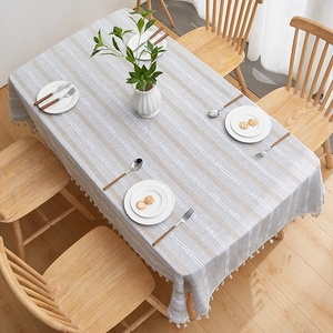 French retro striped linen tablecloth with decorative tassels and textured weave patterns