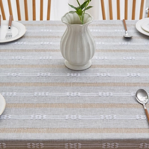 French vintage linen tablecloth with embroidery and stripes for rectangular dining tables