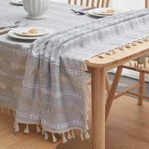 French vintage striped linen tablecloth with tassels and elegant embroidery detail