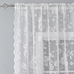French style white lace curtain with elegant rose floral patterns and wavy edges