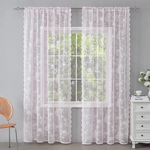 French Romantic Rose Embroidery Lace Curtains Rod Pocket Semi Sheer Window Screen With Scalloped Edge For Bedroom Living Room