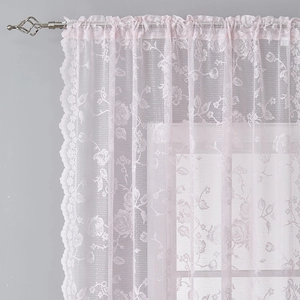 Elegant pink French rose lace curtain with scalloped edges for rods on gray wall