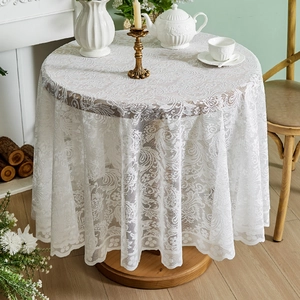 Round Lace Tablecloth French Pastoral Floral Jacquard Scalloped Edge Non-Slip Anti-Scald Home Dining Decor