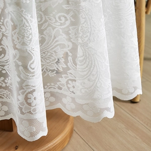 White French lace tablecloth with floral jacquard and elegant scalloped edges
