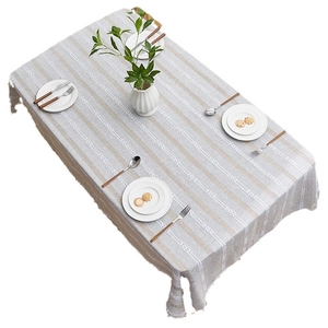 French vintage linen tablecloth with beige stripes and delicate woven texture for dining tables
